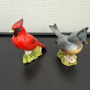 VTG Red Cardinal & Blue Jay Bisque Porcelain Bird Salt & Pepper Shake Set Japan